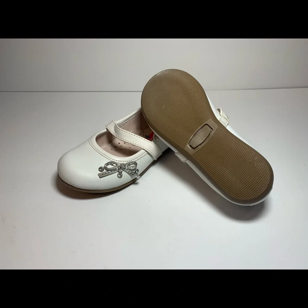 Andrea Girl Toddler White Leather Ballet‎ Flat Metallic Bow Size 8 NEW